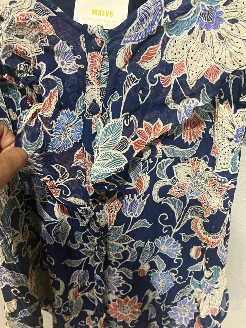 Maeve Navy Floral Ruffle-Trim Spaghetti-Strap Off Shoulder Top Size 10 EUC - Picture 3 of 5